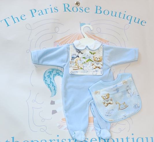 MADE TO ORDER Baby blue babygrow and bib set