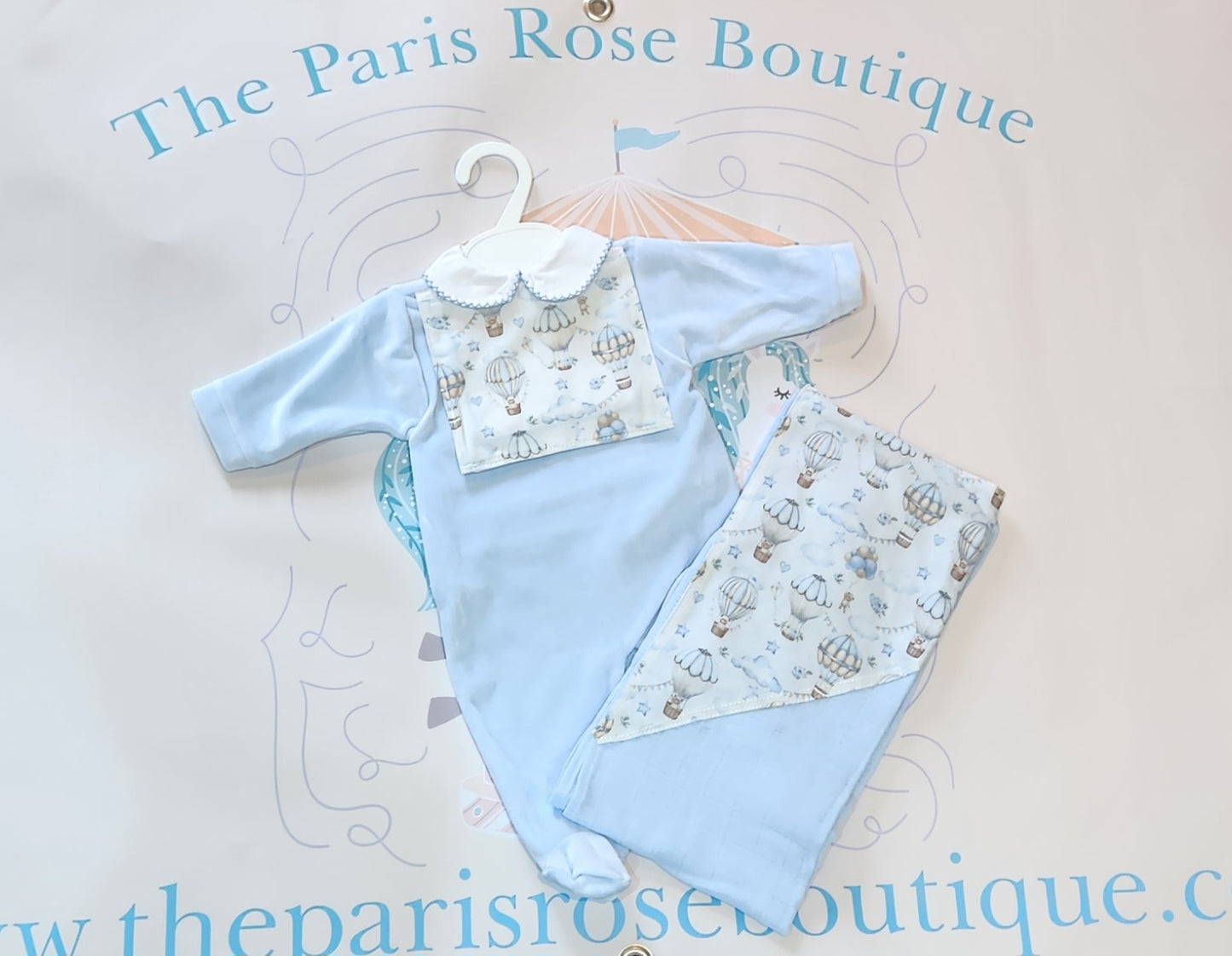 Baby blue hot air balloon babygrow small set. Made to order