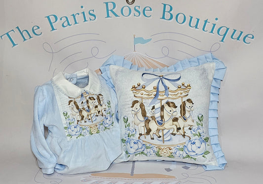 Baby Blue Carousel Cushion & Babygrow Set. MADE TO ORDER