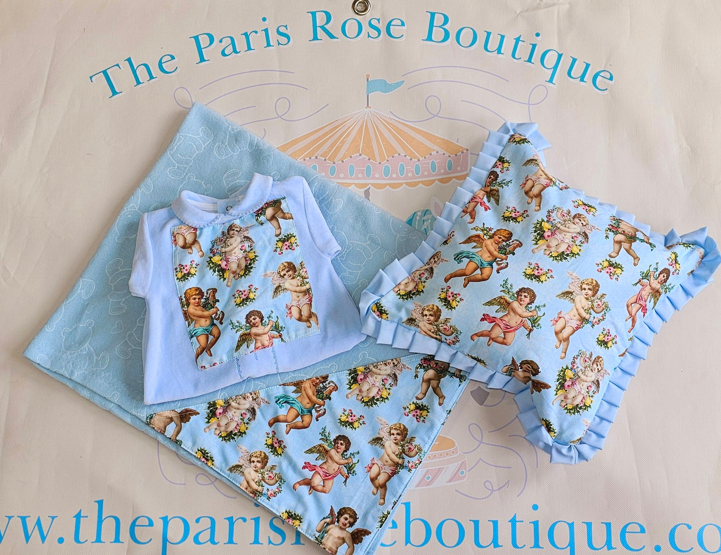 Blue Cherubs Blanket style set. Made to order.