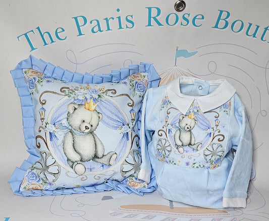 Baby blue teddy and carriage MADE TO ORDER