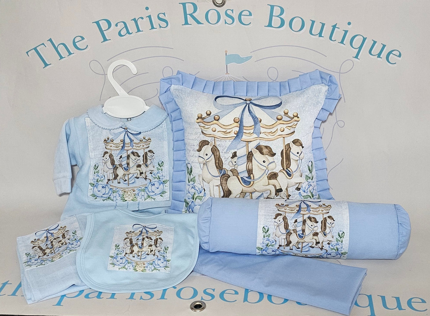 Large full size style hospital/ cot Set. Baby blue / tans carousel theme. MADE TO ORDER