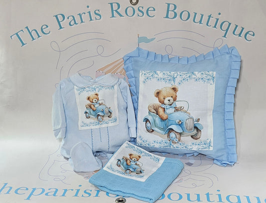 Baby blue teddy in car set READY TO POST NEWBORN