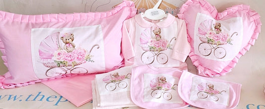 Pink Teddy in Pram large set. MADE TO ORDER.